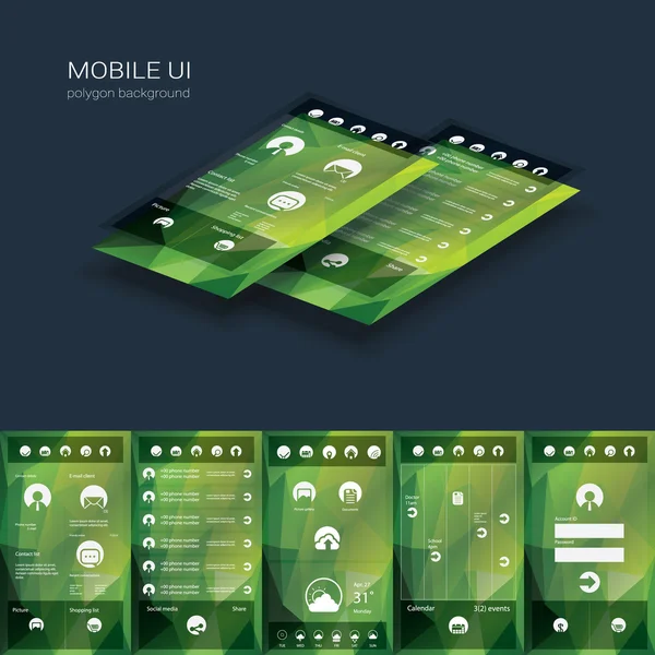 Modèle de vecteur d'interface utilisateur mobile. Smartphone ui avec des icônes de conception plate sur fond poly bas . — Image vectorielle