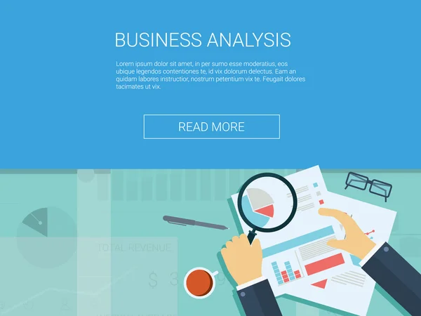 İş analizi ile Büyüteç, grafikler ve arka plan. Analytics rapor vektör infographics.