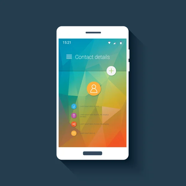 Kontakta skärm mobila ui mall i moderna material design. Färgglada låg poly bakgrund. — Stock vektor