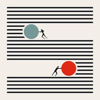 Paralel çizgiler boyunca küreyi iten, bireysel çabayı, cinsiyet eşitliğini ve profesyonel takım çalışmasını temsil eden bir erkek ve kadının minimalist iş vektör çizimi.