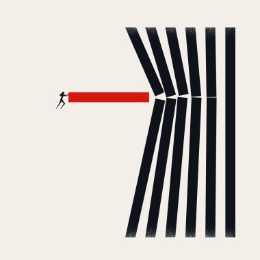 Dikey çizgileri aşmak için kırmızı engeli zorlayan bir iş kadınının minimalist vektör çizimi, bozulmayı, engelleri aşmayı ve yenilikçi liderliği temsil ediyor..