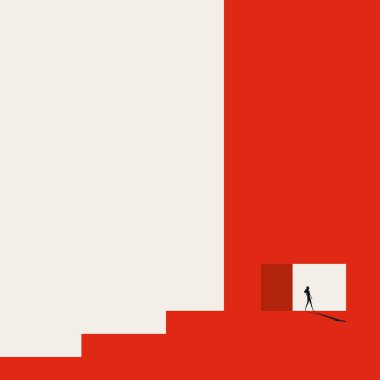 Minimalist vektör konsepti bir iş kadınının yeni bir kariyer yoluna doğru adım attığını gösteriyor. Büyümeyi, ilerlemeyi ve gelecekteki fırsatları temsil ediyor..