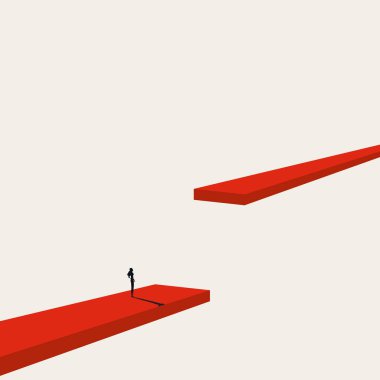 Çözümler ve kariyer gelişimi için platformun bir ucundan diğerine bakan profesyonel bir kadının minimalist bir iş vektör konsepti..