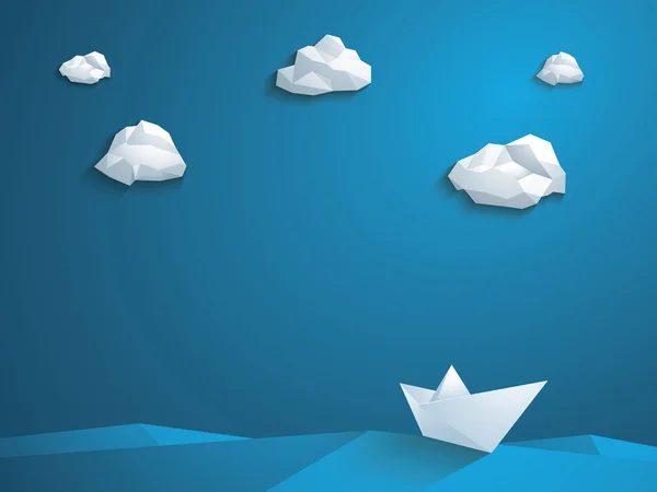 Düşük Poli kağıt tekne vektör arka plan. Poligonal bulutlar ve dalgalar. İş lideri soyut kavram.