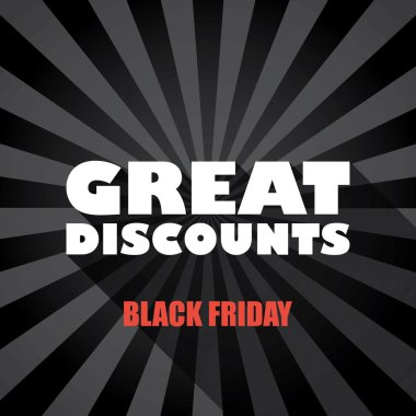 Black friday sales banner template with great discounts message and long shadow typography on dark background.