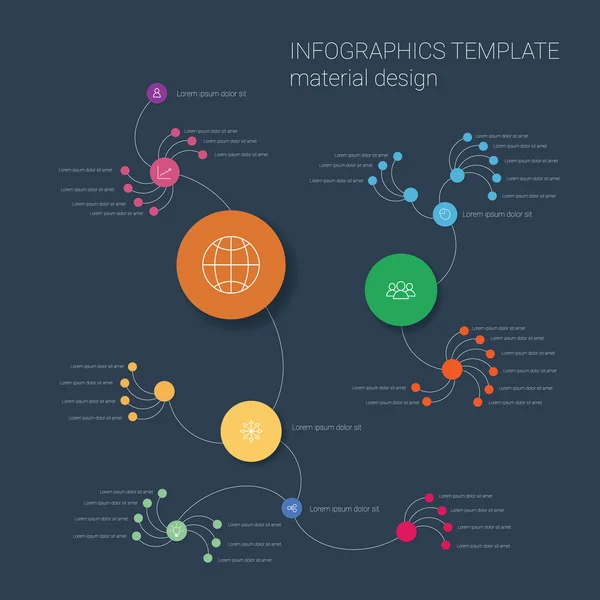 Modern flat material design infographics template. Infographic elements in circles with set of icons for business presentation. — Stok Vektör