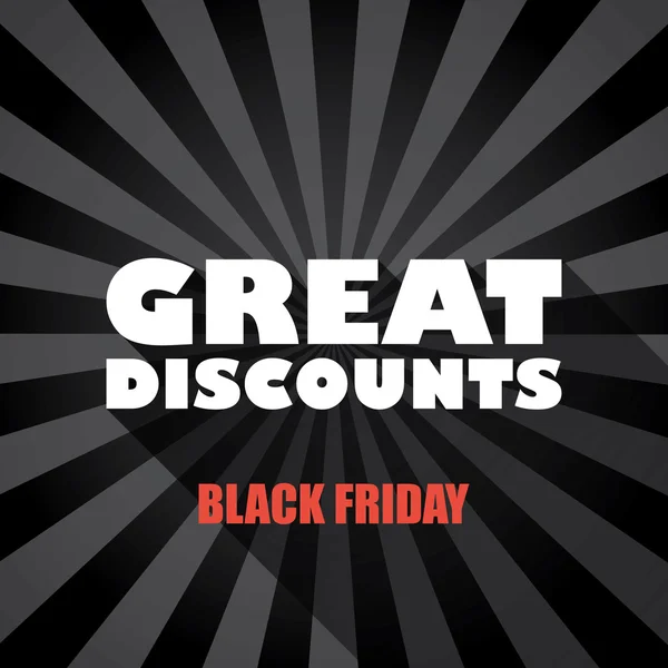 Black friday sales banner template with great discounts message and long shadow typography on dark background. — Stock Vector