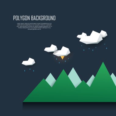 Low poly landscape scene with storm clouds, rain and lightning. Polygonal thunderstorm background in modern minimalistic style.