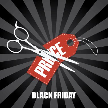 Black friday sale vector background. Scissors cutting price tag in half. Holiday sales poster or banner.