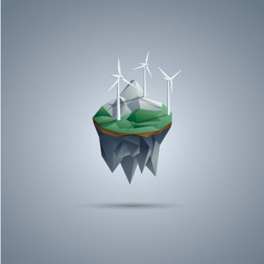 Wind turbines on low poly floating island. Renewable energy environment symbol in modern polygonal design. clipart