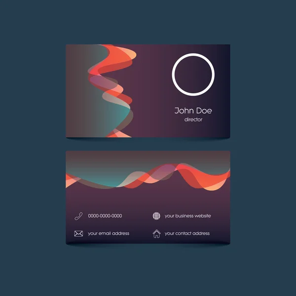 Elegant business card template with colorful background and overlay waves. User interface icons for contact information.