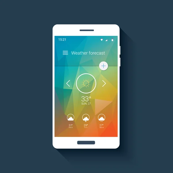 Pronóstico del tiempo ui para aplicación smartphone. Plantilla de interfaz de usuario móvil con iconos de línea sobre fondo poli bajo . — Vector de stock