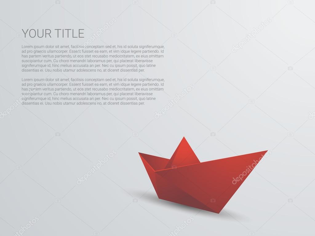 Red paper boat 3d vector background. Polygonal origami ship with text space for business presentation.