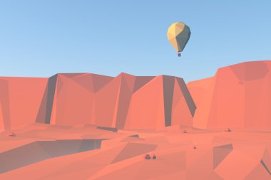 3D düşük Poli Kanyon ve kırmızı kayalar Çölü üzerinde uçan balon ile arka plan manzara.