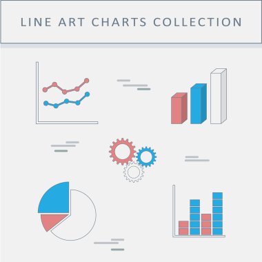 Satır simgeler grafikler ve kümesi. Pasta grafik, sütun grafiği infographics öğeleri.