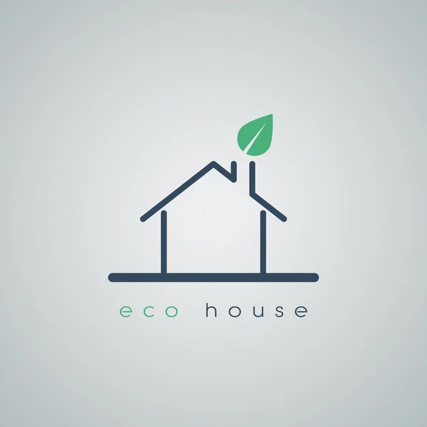 Eco icono de la casa amigable en el diseño de arte de línea moderna con hoja verde de la chimenea en el techo. Símbolo ambiental para viviendas futuras . — Vector de stock