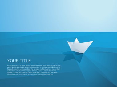 Düşük Poli kağıt tekne poligonal deniz yüzey vektör arka plan üzerinde yelken. Origami oyuncak gemi keşif, misyon, özgürlük ve yolculuk bir sembolü olarak.
