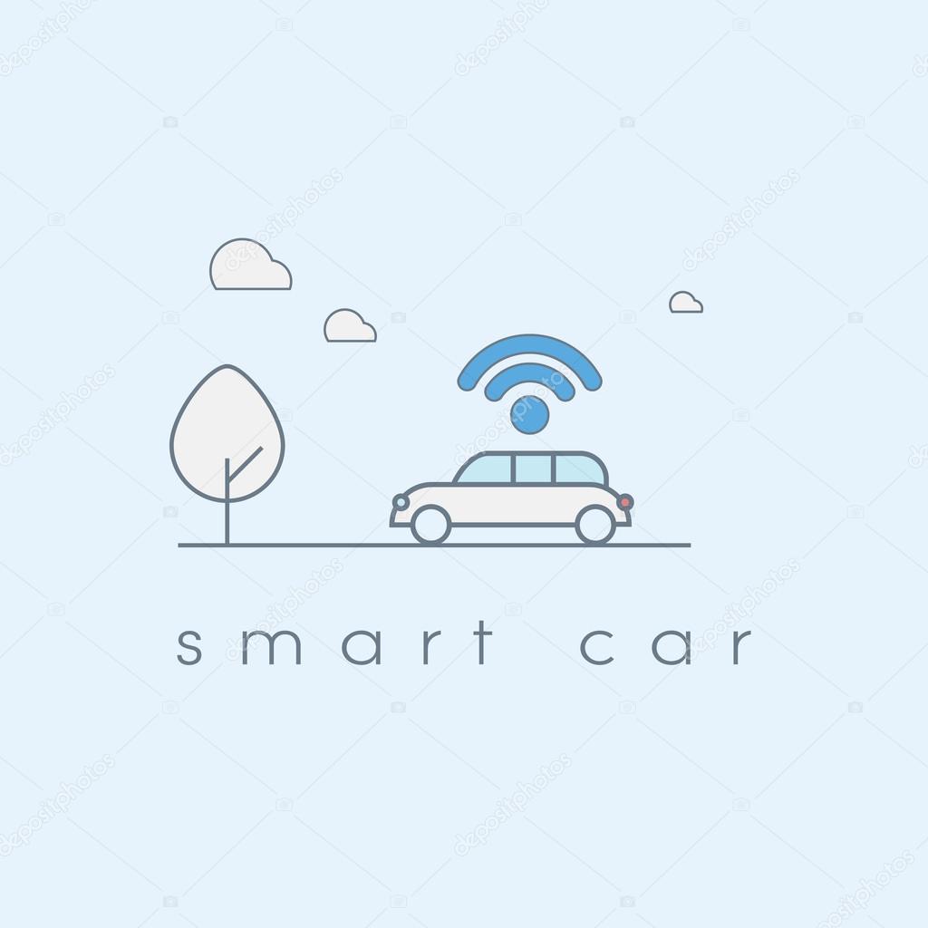 Smart car line art icon with wifi symbol. Future transportation technology concept.