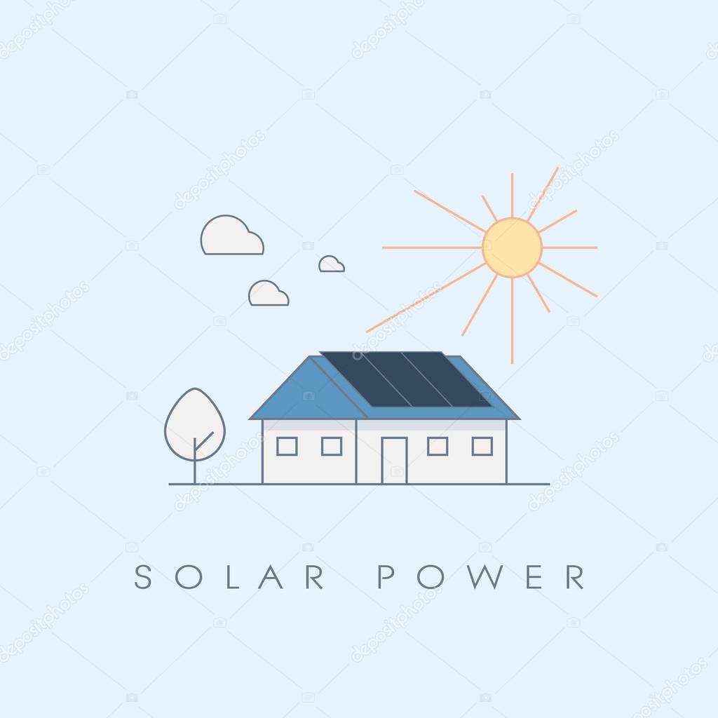 Solar power energy house line icon ecological concept. Photovoltaic panels on roof.