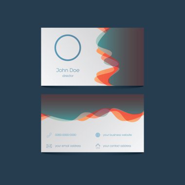 Elegant business card template with colorful background and overlay waves. User interface icons for contact information.