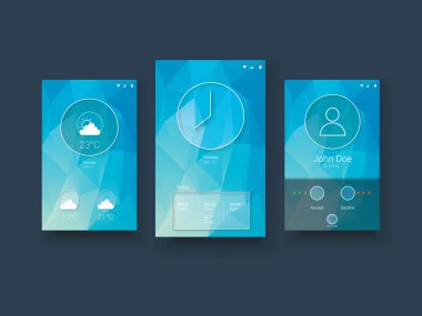 Modern mobile user interface template with smartphone screens on blue low poly vector background.