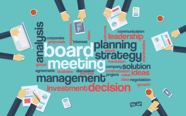 Board meeting abstract vector background with word cloud and management discussing big decisions around table.