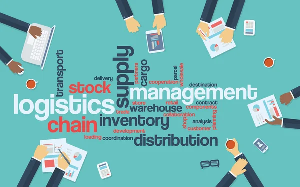 Logistics management business vector background with wordcloud and businessmen on a meeting.