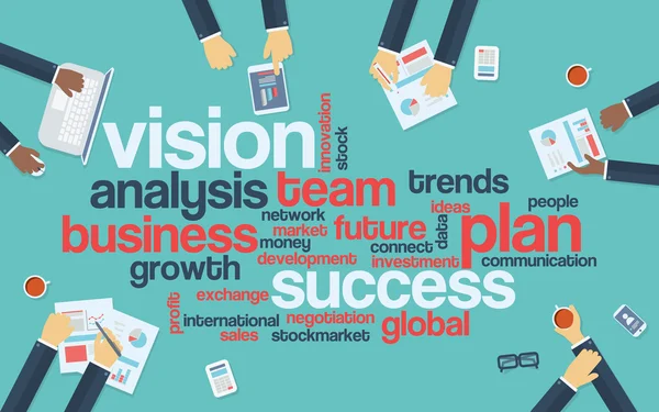 Vision leading to success concept vector background. Word cloud with hands holding documents, reports, presentations, analysis. — Stockový vektor