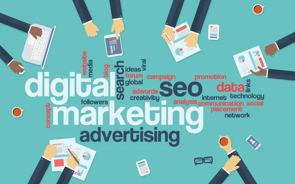 Concetto di marketing digitale infografica sfondo vettoriale. Word cloud con parole chiave di pubblicità online e manager che analizzano i dati che preparano la strategia o la campagna . — Vettoriale Stock