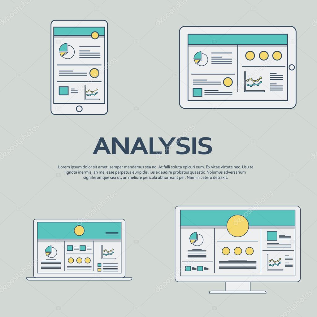 Business analysis background with smartphone and line art icons responsive design. Presentation graphs, charts on screen.