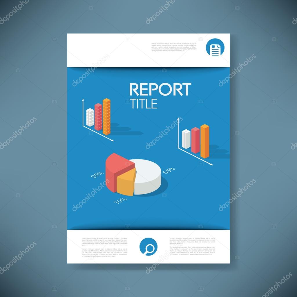 Report cover template for business presentation or brochure. Pie chart and other graphs infographics elements in isometric design.