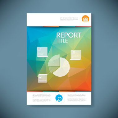 Report cover template with pie chart symbol and 3d low poly vector background. Business brochure or presentation title page.