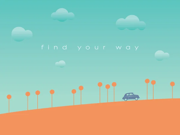 Vintage small car driving through a landscape vector abstract background. Traveling and adventure concept. — ストックベクタ