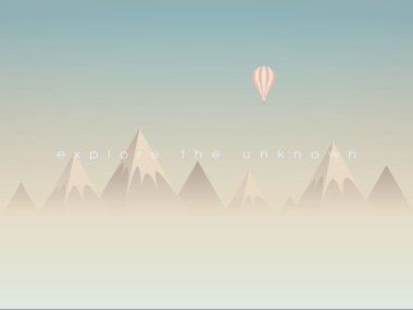 Low poly mountains landscape vector background with balloon flying above clouds or mist. Symbol of exploration, discovery and outdoor adventures.