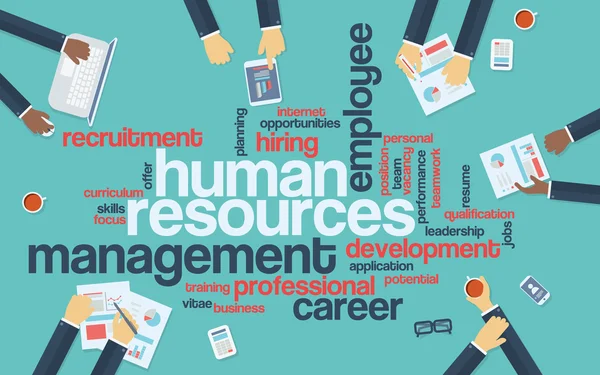 Recursos humanos infografías de diseño plano con nube de palabras. Presentación sobre contratación y desarrollo profesional . — Vector de stock