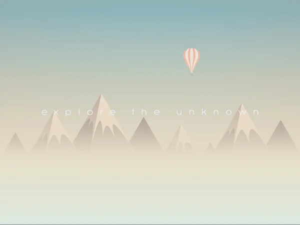Bajo polivinílico montañas paisaje vector fondo con globo volando por encima de las nubes o niebla. Símbolo de exploración, descubrimiento y aventuras al aire libre . — Vector de stock