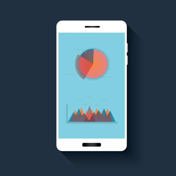 Smartphone con gráfico circular y gráfico para infografías de informes de datos. Material diseño vector fondo . — Archivo Imágenes Vectoriales