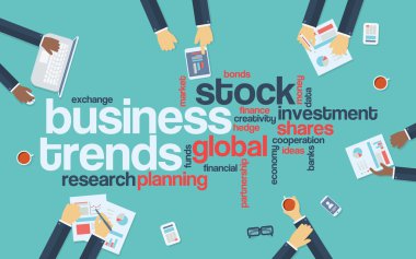Business trends flat design infographics with word cloud. Global data analysis and research presentation.