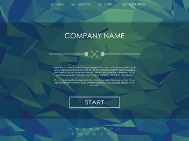 Website landing page template with set of line icons user interface and green low poly background.