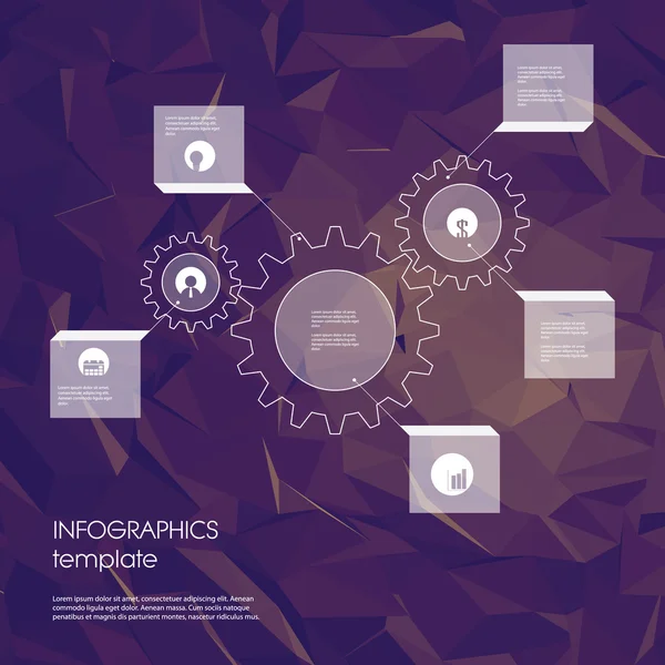 Πρότυπο infographics με εικόνες επιχειρήσεων και gears ως σύμβολο της βιομηχανίας, έργων. Παρουσίαση στατιστικών δεδομένων. Επιλογές μενού σε χαμηλή πολυ πολυγωνικό φόντο. — Διανυσματικό Αρχείο