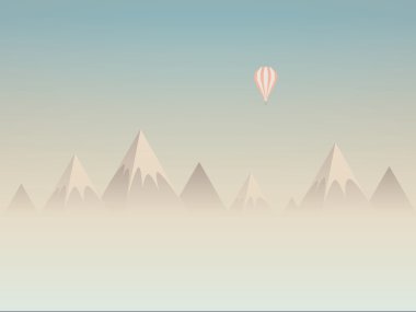 Low poly mountains landscape vector background with balloon flying above clouds or mist. Symbol of exploration, discovery and outdoor adventures.