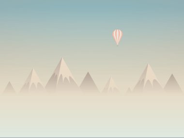 Low poly mountains landscape vector background with balloon flying above clouds or mist. Symbol of exploration, discovery and outdoor adventures. clipart