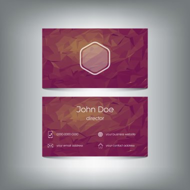 Low poly business card with polygonal vector background. Company presentation and icons for contacts.