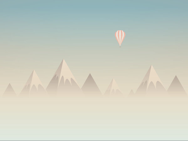 Low poly mountains landscape vector background with balloon flying above clouds or mist. Symbol of exploration, discovery and outdoor adventures.