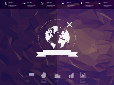 Küre rozet ve şerit öğesi ile düşük Poli infographics şablon kullanıcı arayüzü. Düşük Poli arka plan. Web siteleri veya sunumlar için seyahat Infographic simgeler.
