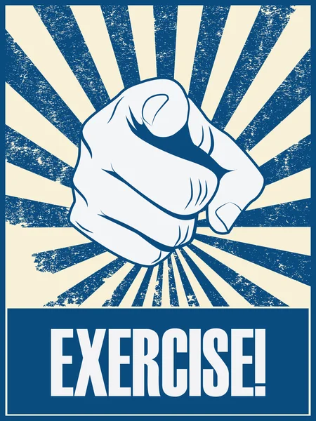 Exercise motivational poster vector background with hand and pointing finger. Health lifestyle promotion retro vintage grunge banner. — Stockvector