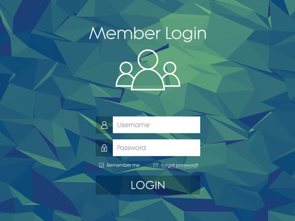 Login form menu with simple line icons. Low poly background. Website element for your web design.