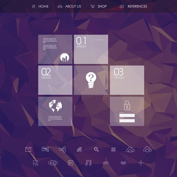Modelo de página de destino do site com conjunto de ícones de linha interface de usuário e fundo poli baixo roxo . —  Vetores de Stock