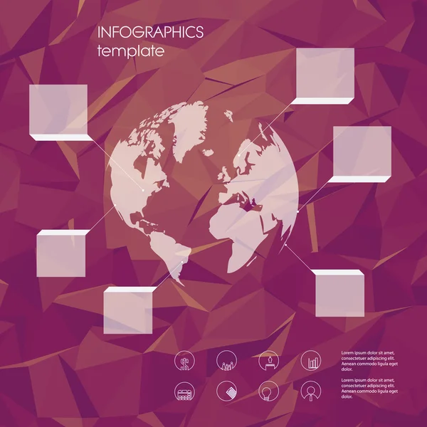 Infografik-Vorlage mit Business-Symbolen und Globus-Symbol. Statistikdaten-Präsentation. Menüoptionen auf polygonalem Hintergrund mit niedrigem Poly. — Stockvektor