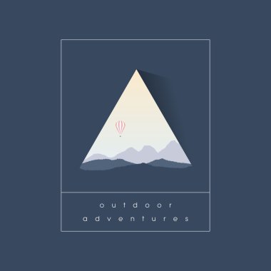 Outdoor adventure symbol with mountains landscape silhouette and hot air balloon flying above.